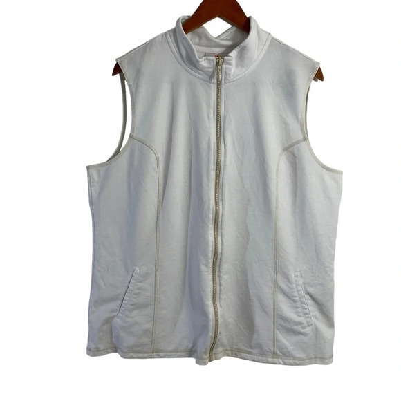 Quacker Factory White Full Zip Up Tank Top XL Mock Neck Rhinestone Embellished - Picture 1 of 8